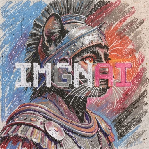 Oil pastel portrait of a furry cat warrior wearing a helmet and armor with orange eyes and a blue and red background.