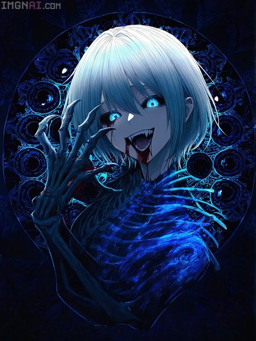 Anime-style illustration of Thores Shibamoto with short grey-blue hair, sharp fangs, and blood on her face, raising a clawed hand against a blue mandala background.