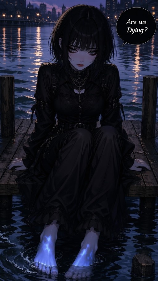 A goth girl with black hair sits on a wooden pier at night, dipping her glowing blue feet into the water while asking 'Are we Dying?' in a speech bubble.