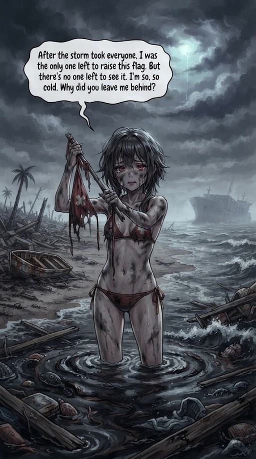 Megumin in a dirty bikini standing in shallow water holding a tattered flag with a speech bubble above her head.