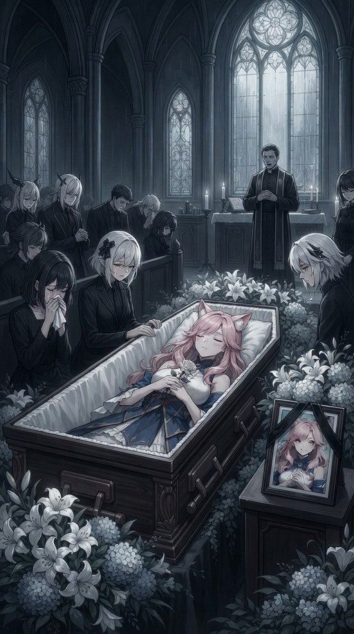 A pink-haired girl with cat ears lies in a wooden coffin inside a dark church, surrounded by white flowers and grieving mourners in black clothing.