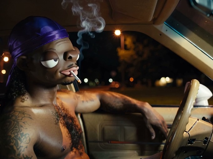 A shirtless tattooed man wearing a purple durag sits in a car at night smoking a cigarette and hands a matching durag to a young boy standing outside the window.