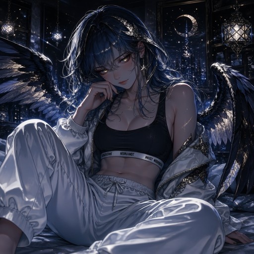 Blue-haired anime girl with large black wings sits on a bed in sportswear against a night city backdrop.
