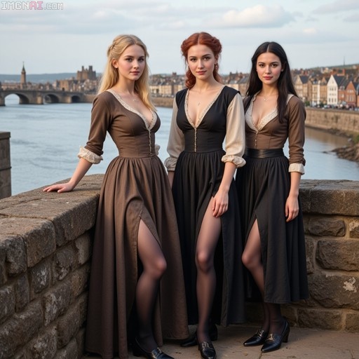 Three women in brown and black 18th-century dresses standing on a stone wall overlooking the River Tweed and Berwick-upon-Tweed.