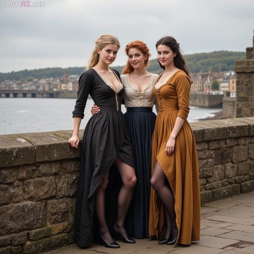 Three women in long historical dresses with high slits pose on a stone wall overlooking the River Tweed and Berwick-upon-Tweed.