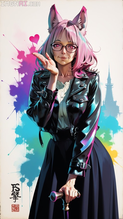 A pink-haired cat girl with glasses and heart-shaped pupils blows a kiss while holding a cane, wearing a spiked leather jacket against a colorful background.