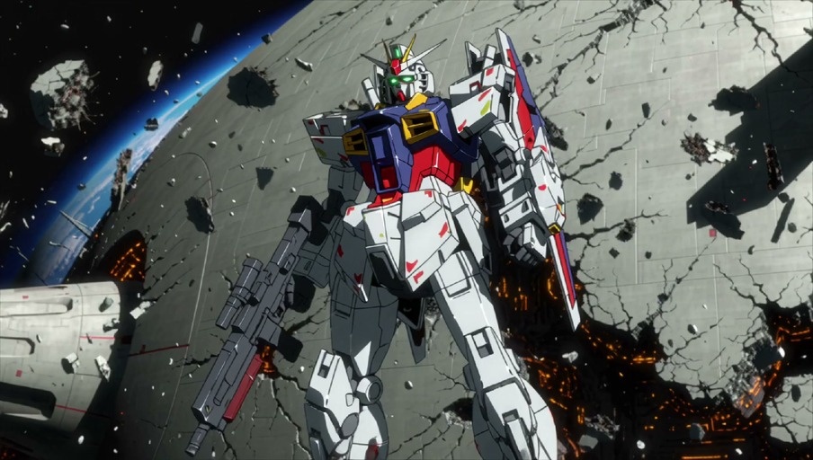 RX-93 Nu Gundam deploying Funnel weapons in orbit with Earth in background.