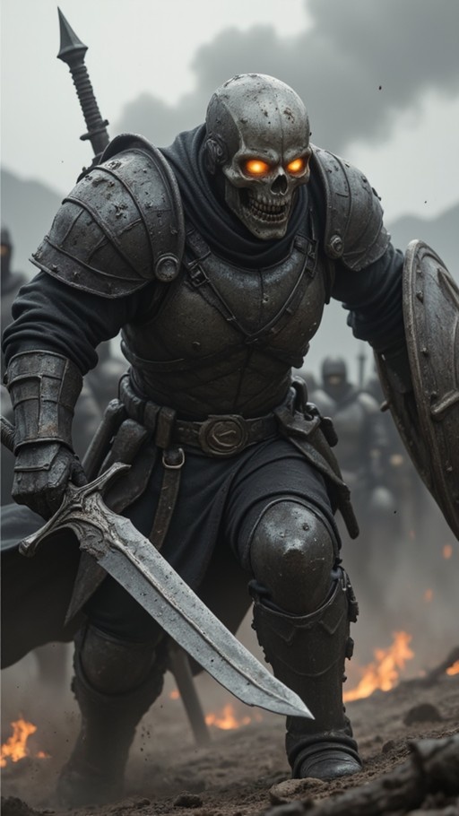 A skeletal warrior in heavy battered armor charges forward with a sword and shield on a smoky battlefield.