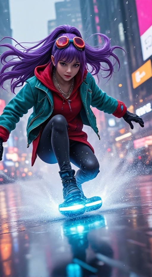 A young woman with long purple hair and orange goggles rides a glowing blue hoverboard through a wet, neon-lit cyberpunk city street.