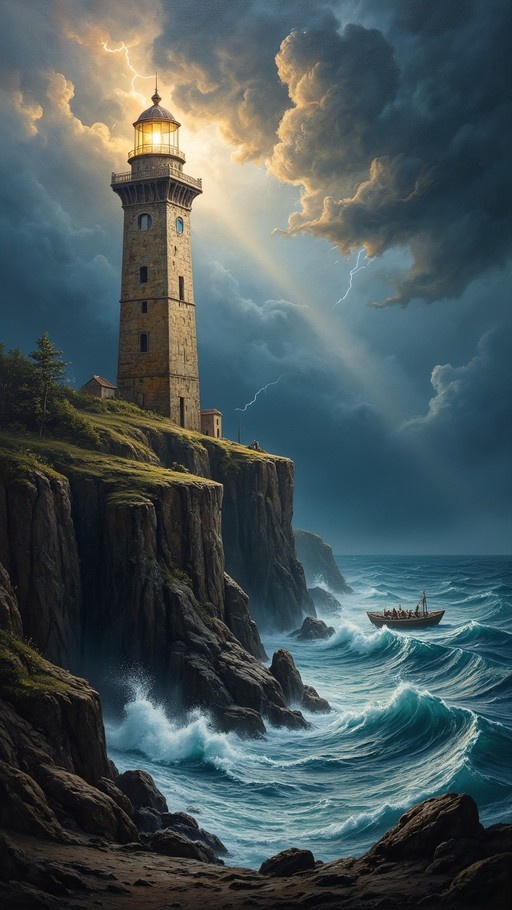 A tall stone lighthouse on a cliff during a storm with lightning and crashing waves.
