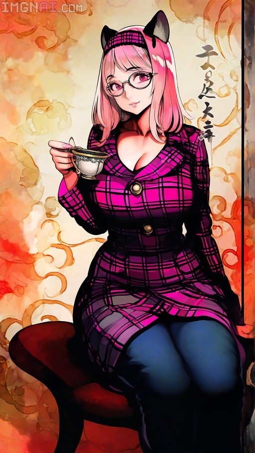 A pink-haired anime girl with cat ears and glasses sits holding a teacup in a pink plaid dress against an orange watercolor background.
