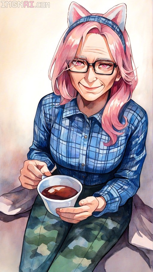A watercolor illustration of an older woman with pink hair and cat ears wearing glasses and a plaid shirt while holding a cup.