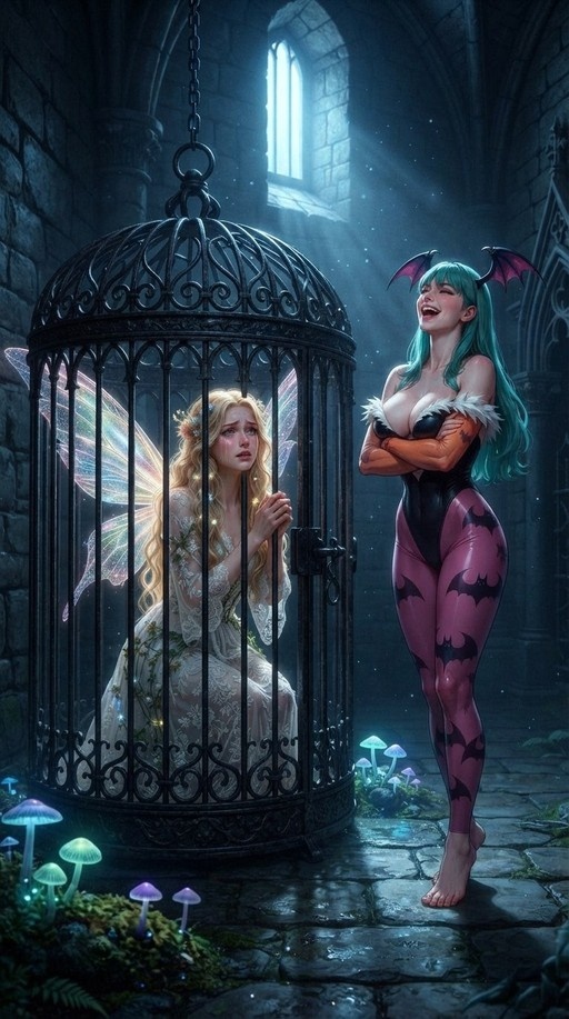 Morrigan Aensland laughing outside a cage containing a sad blonde fairy in a stone room with glowing mushrooms.