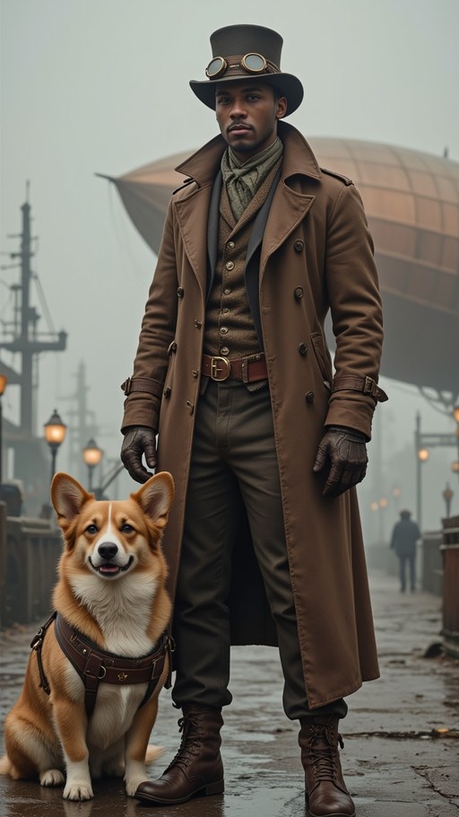 A dark-skinned man in a brown steampunk coat and top hat stands next to a corgi wearing a leather harness on a foggy dock with an airship in the background.
