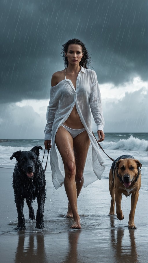 A woman in a wet white shirt and bikini walks two large dogs on leashes along a rainy beach with crashing waves.