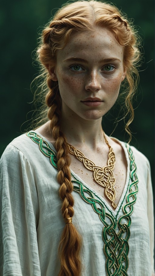 Close-up of a young woman with freckles and red hair in a side braid, wearing a white dress with green and gold Celtic patterns and a gold necklace.
