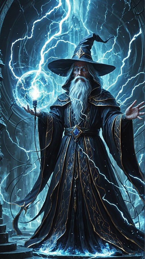 An elderly wizard with a white beard and glasses casts blue lightning magic while holding a glowing orb.