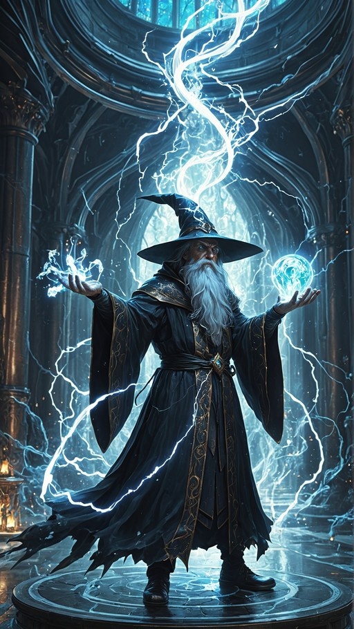 An elderly wizard with a long white beard and pointed hat stands in a dark hall, channeling blue lightning while holding a glowing orb.