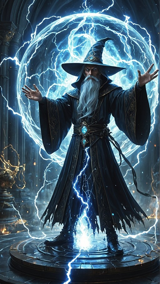 A full-body digital painting of an elderly male wizard with a long white beard and pointed hat, standing on a stone dais with his arms outstretched while a large sphere of blue lightning crackles around him.