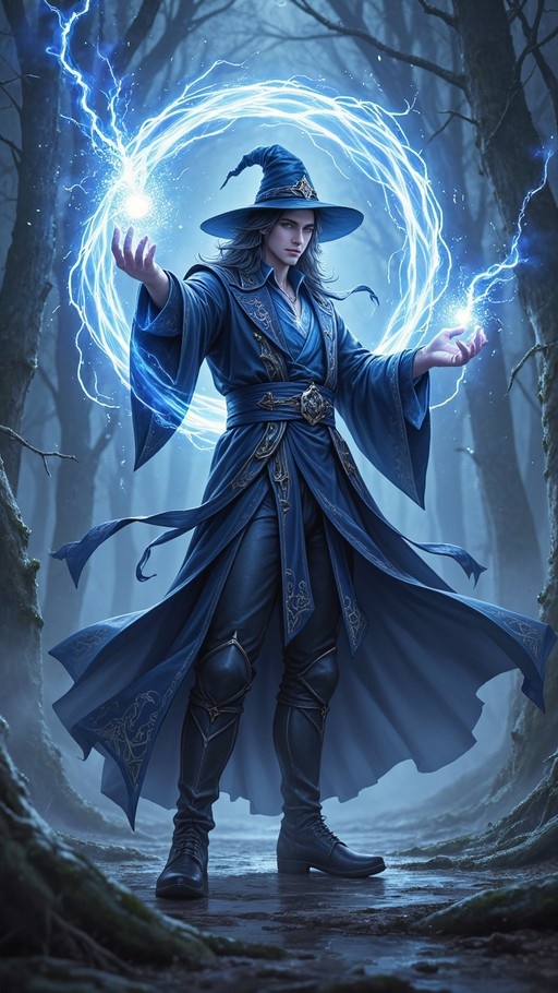A male wizard with long silver hair and a blue pointed hat stands in a misty forest, casting a swirling ring of bright blue electricity between his hands.