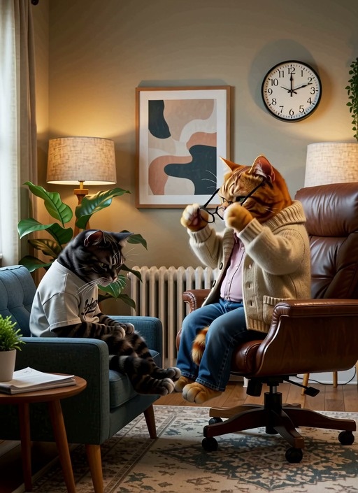 An anthropomorphic orange tabby cat wearing glasses and a beige cardigan sits in a leather chair talking to a black and grey tabby cat patient named Arfonzo who is wearing a white t-shirt in a cozy therapy room.