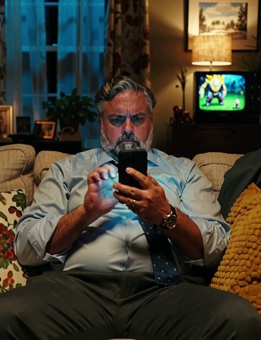 A middle-aged man in business attire sits on a couch and yells at his smartphone while playing a mobile game.