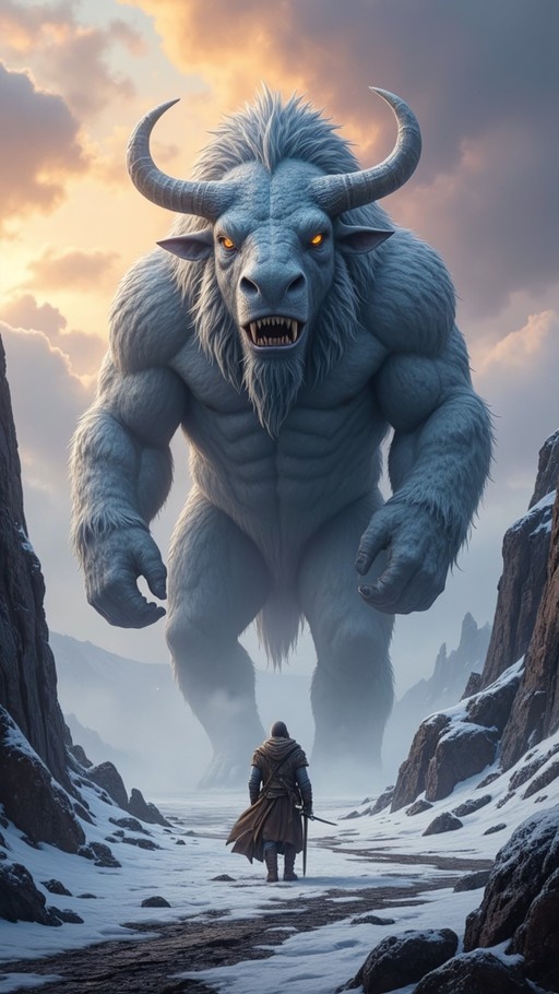 A colossal blue-furred horned beast with glowing orange eyes looms over a lone hooded swordsman standing in a snowy mountain pass.