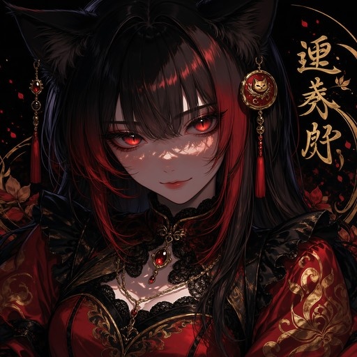 A portrait of a cat girl with black and red hair and red eyes wearing an ornate red and black dress with gold jewelry.