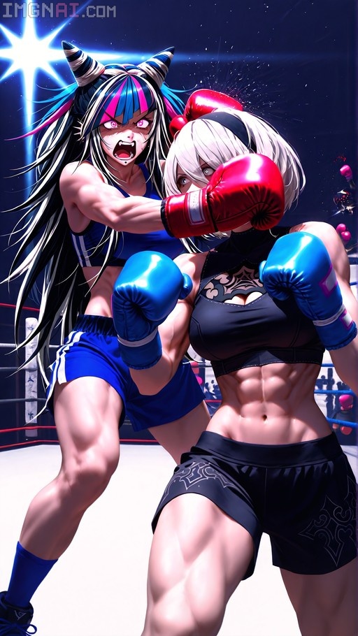 Two anime women in boxing gear fighting in a ring.