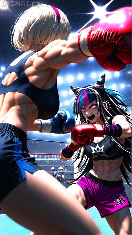 Two muscular anime girls boxing in a ring; one with short white hair and blue gear punches towards the other who has black and pink hair with cat ears.