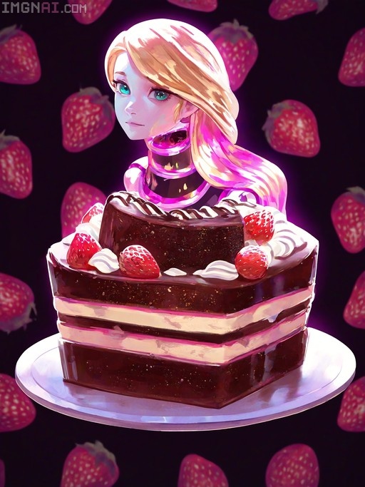 A digital illustration of Rapunzel transformed into a layered chocolate strawberry cake with whipped cream and fresh strawberries on top.