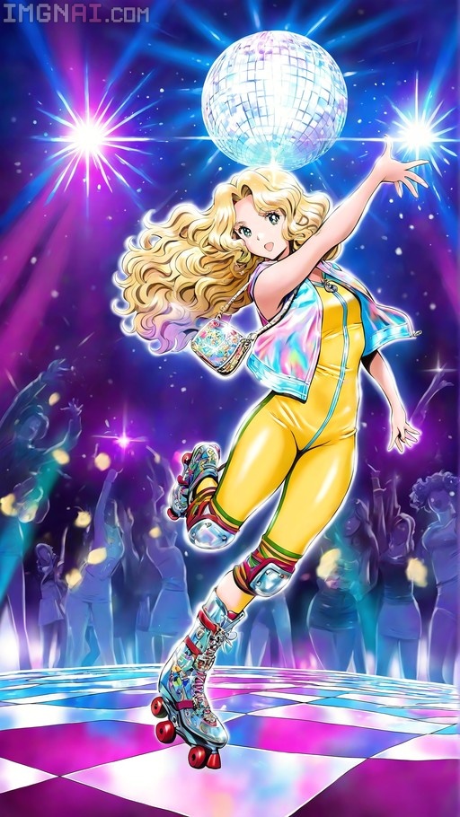 An anime-style illustration of a blonde girl in a yellow bodysuit and roller skates skating under a disco ball.