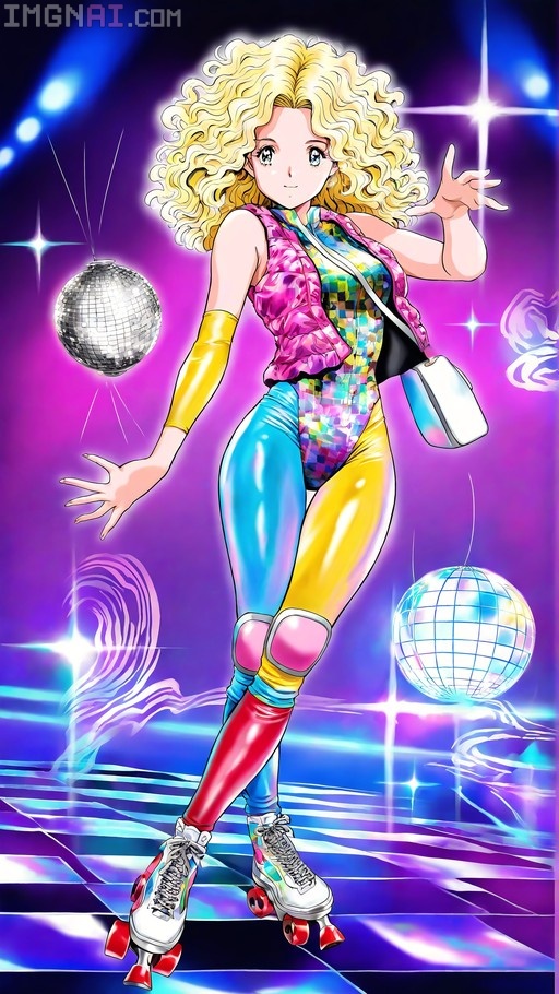 Jin Jin from Urusei Yatsura roller skating in a colorful bodysuit and pink vest under disco balls.