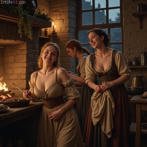 Three women in period clothing smile and work together in a warm, candlelit tavern kitchen featuring a stone fireplace.
