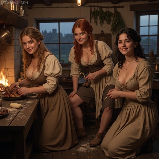 Three women in 18th-century dresses smiling in a candlelit kitchen with a fireplace and a window showing a castle.