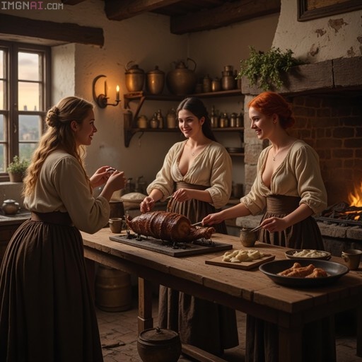 Three women in 18th-century attire standing around a wooden table carving a large roast meat in a rustic kitchen with a fireplace.