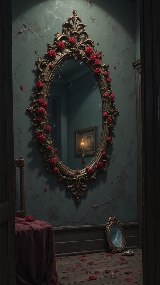 An ornate gold mirror decorated with red roses hangs on a peeling teal wall above a wooden floor scattered with rose petals and a small broken hand mirror.