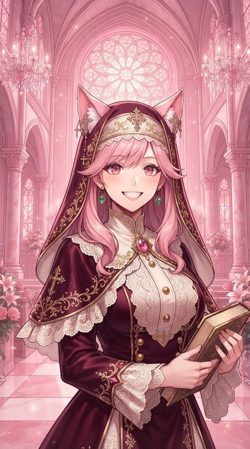 A pink-haired anime girl with cat ears wearing a maroon nun's habit and holding a book inside a pink cathedral.