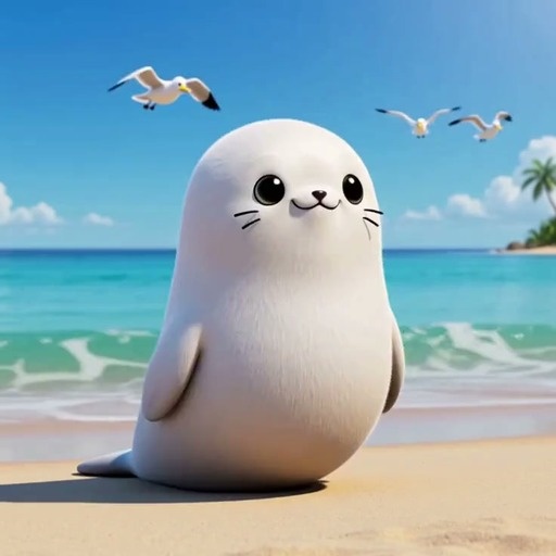 A cute white cartoon seal jumps into the air on a sunny beach with blue water and flying seagulls in the background.
