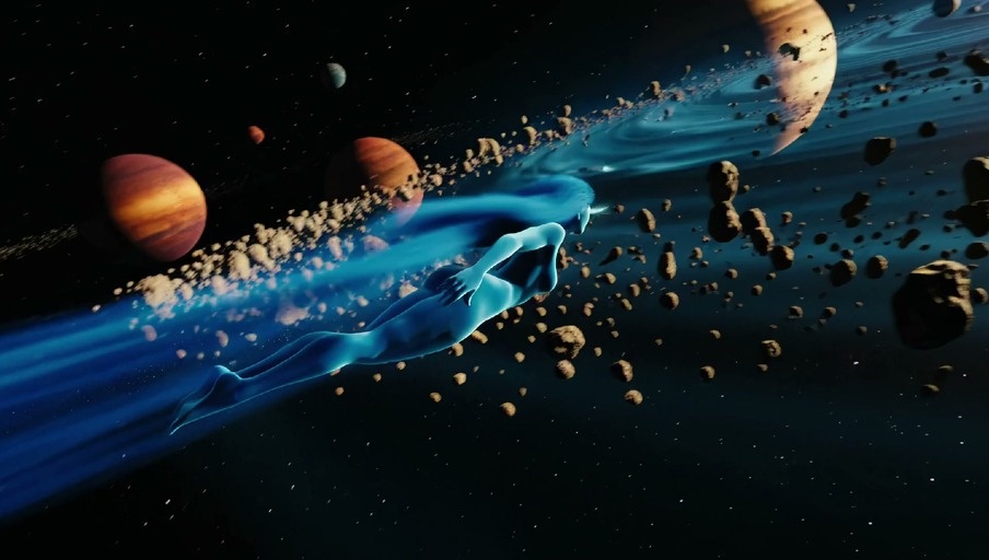 A blue female figure made of swirling mist flies through a star system and punches a large planet, causing a giant molten monster to emerge before engaging in an epic cosmic battle.