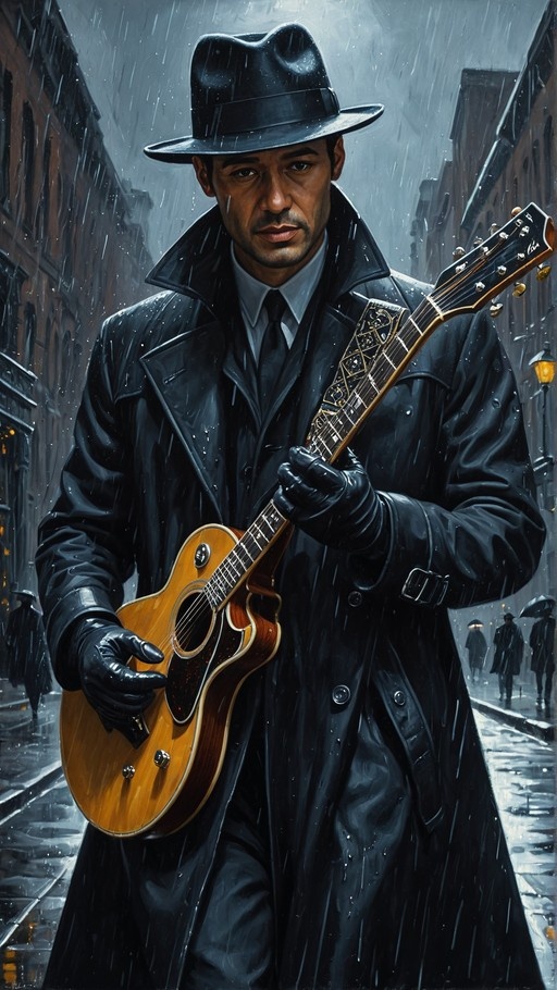 A dark-skinned man wearing a black fedora and trench coat holds an acoustic guitar in the rain on a city street.