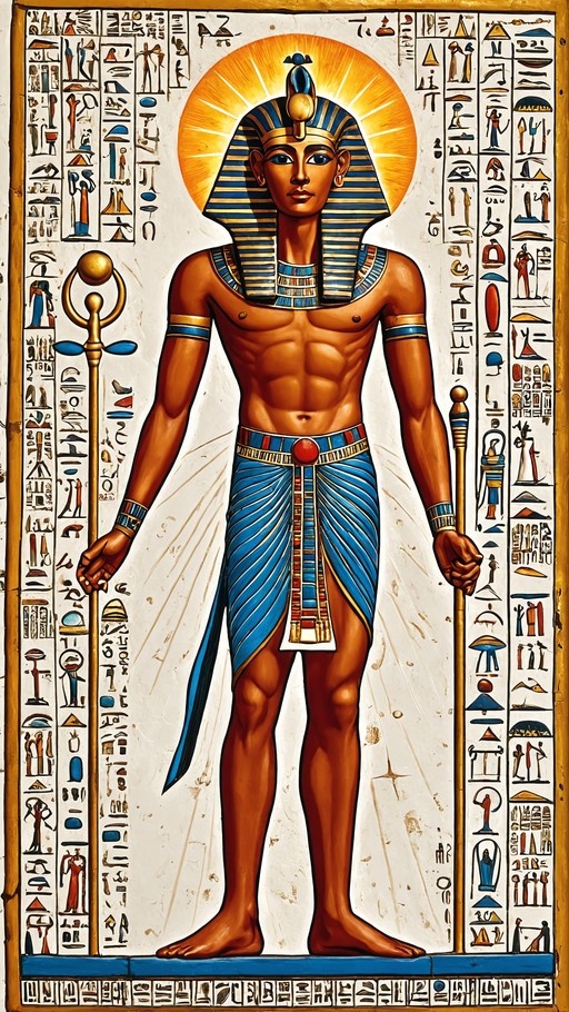 A full-body portrait of the Egyptian god Ra standing with a sun disk behind his head and holding two staffs against a background of hieroglyphics.
