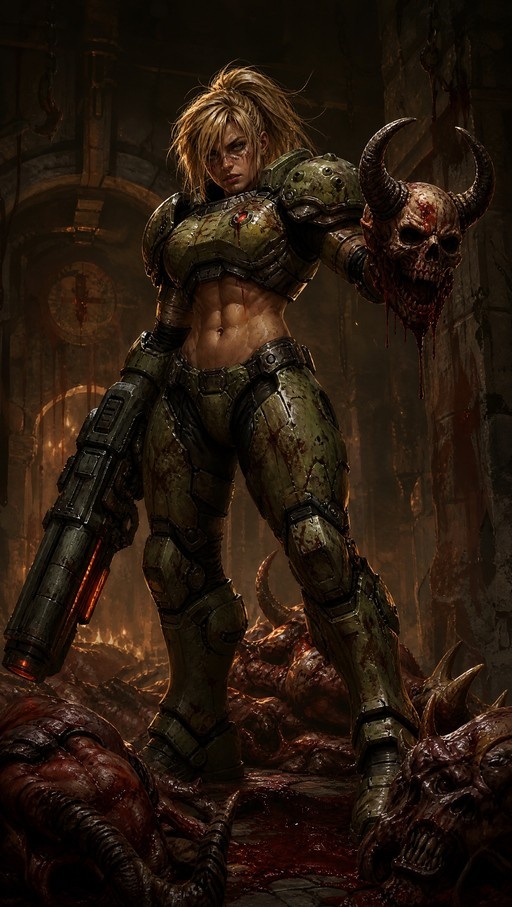 A muscular blonde woman in green power armor stands amidst defeated demons, holding a large gun and a horned skull.