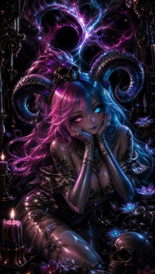 A horned woman with split pink and blue hair and mismatched eyes sits in a dark fantasy setting surrounded by candles and flowers.