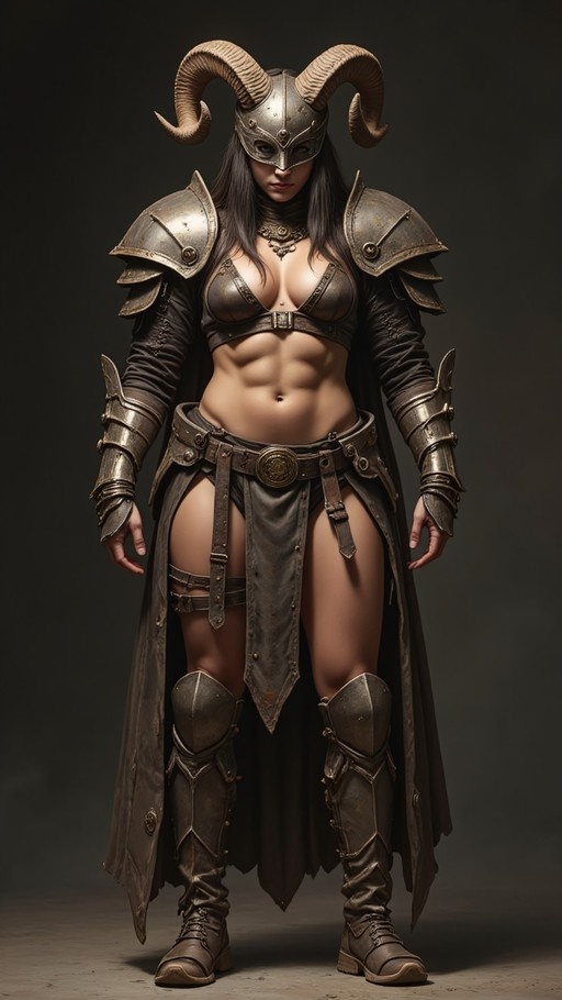 Full body shot of a muscular female warrior wearing a ram-horned helmet and detailed rusted metal armor with leather straps.