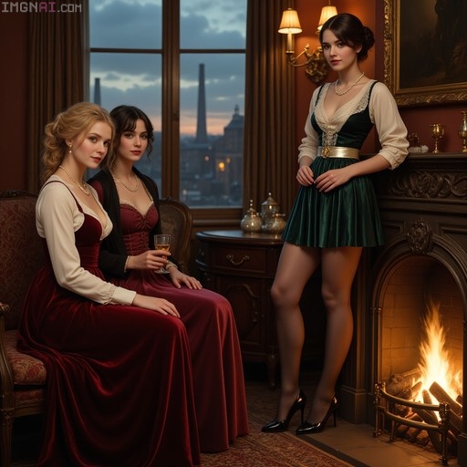 Three women in Victorian velvet dresses pose in a warm drawing room with a fireplace and a window view of industrial chimneys at dusk.
