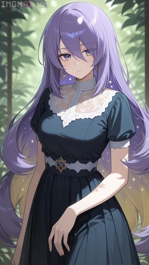 Moona Hoshinova with long purple and yellow hair wearing a dark blue dress with white lace and a star belt buckle in a forest setting.