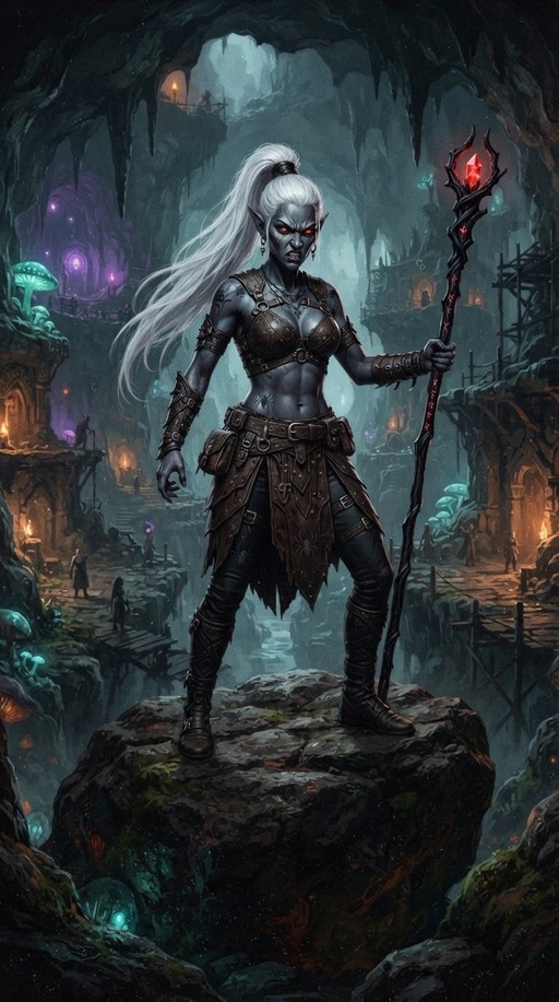 A Drow dark elf woman with grey skin and a white ponytail stands on a rock in an underground cave holding a staff with a red gem.