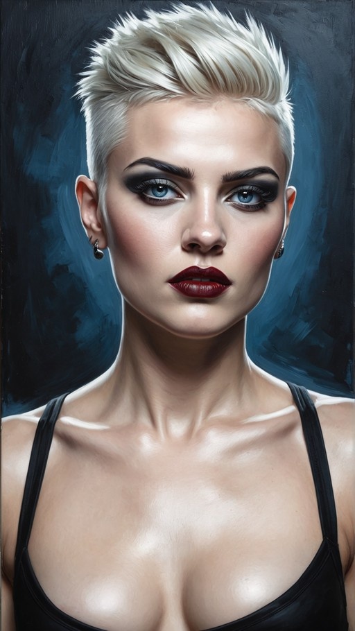 A painterly portrait of a woman with short spiky platinum blonde hair and bright blue eyes. She has heavy dark eye makeup and red lips, wearing a black top against a dark blue background.