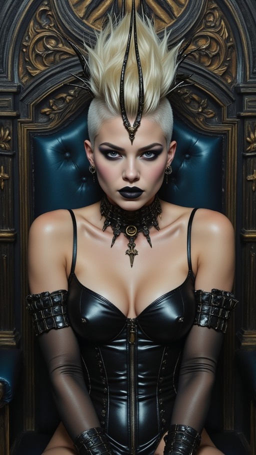 A gothic woman with a blonde mohawk and black lipstick sits on an ornate throne wearing a black leather outfit.